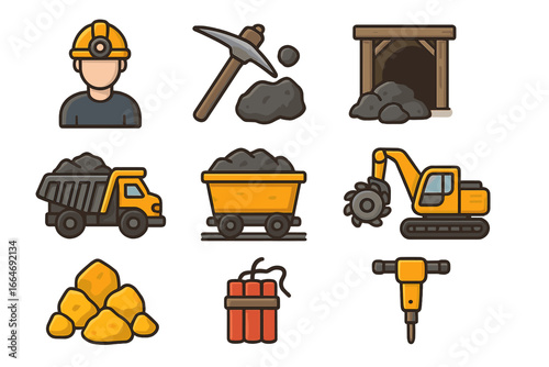 Mining icon set for mineral extraction. Vector cartoon illustration with miner, pickaxe, truck, excavator, dynamite, gold, mine cart, and jackhammer on transparent background.