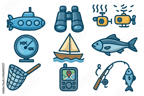 Sea exploration and fishing icon set. Marine technology and hobby symbols. Submarine, boat, sonar, fishing rod, underwater drone, GPS navigator and binoculars vector icons.