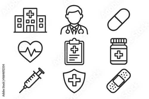 Vector medical and healthcare line icon set with hospital, doctor, heart, syringe, medication bottle, shield, clipboard, pill and bandage illustrations, cartoon style transparent background