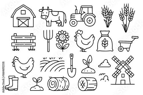 Farm and agriculture icon set. Simple line art collection of farming elements. Vector illustration of barn, tractor, cow, chicken, and windmill for rural life concepts.