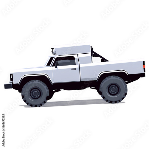Side view of a white off-road pickup truck.