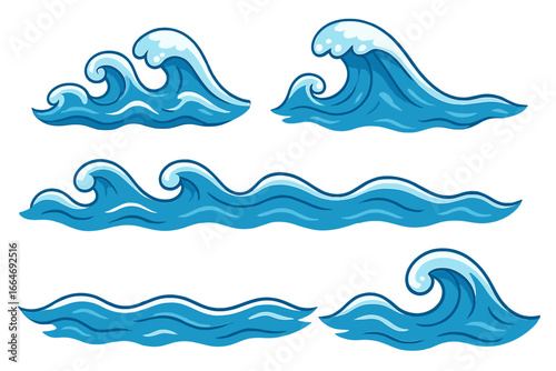 Ocean wave vector set. Collection of simple cartoon water splashes and sea surf icons. Aquatic nature graphic elements. Blue marine flow, tide symbols for summer design.