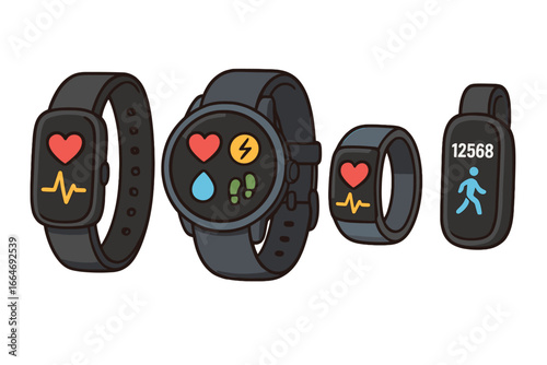 Wearable health technology device set. Smartwatch, fitness tracker, and pedometer for activity monitoring. Vector icons for heart rate, steps, calories. Wellness sport gadgets.