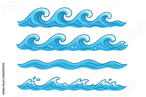 Set of cartoon ocean waves. Various blue water wave patterns. Simple vector illustration for marine and nautical design. Fluid dynamics and sea movement concept graphic.