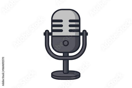 Retro microphone vector isolated on blue background, vintage studio recording device, classic karaoke music symbol in trendy flat cartoon style, sound equipment illustration
