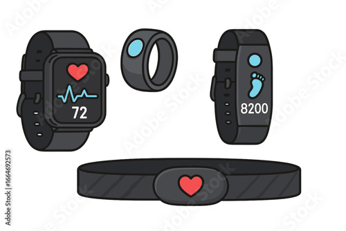 Wearable health technology vector icon set. Smartwatch with heart rate, fitness band with step counter, smart ring, chest strap. Personal wellness and activity tracker gadgets.