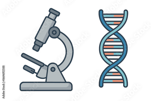 Microscope and DNA double helix illustrations symbolizing scientific research, genetics, molecular biology, laboratory analysis, biotechnology, and microscopic exploration in vector cartoon style
