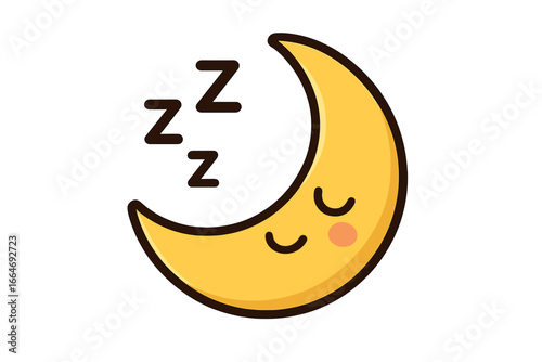 Cute sleeping crescent moon with ZZZ sleep symbol, restful night cartoon vector illustration, peaceful rest, bedtime icon, dreamy sky element, transparent background