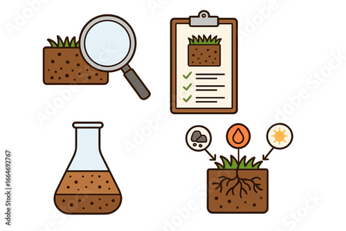Soil science analysis and research icon set. Ground sample test in lab flask, clipboard checklist report. Plant growth needs, mineral, water, sun. Vector agriculture concept.