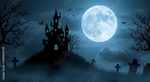 Spooky Halloween Castle Silhouette Under a Full Moon with Bats and Graveyard - Eerie Night Scene