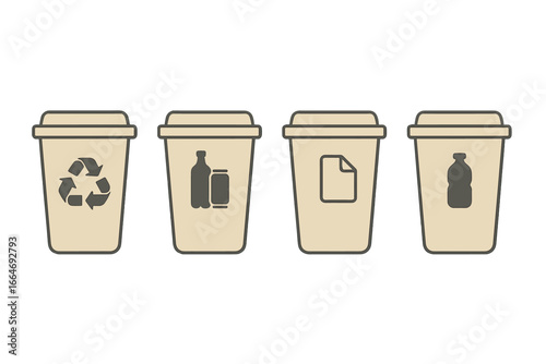 Recycling bins for waste sorting. Garbage segregation containers for plastic, paper, glass, metal. Waste management and ecology concept. Vector icons set illustration.