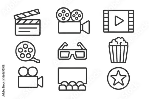 Cinema and movie production line icon set. Film entertainment symbols collection. Video camera, clapperboard, film reel, popcorn, 3D glasses. Vector graphic elements.