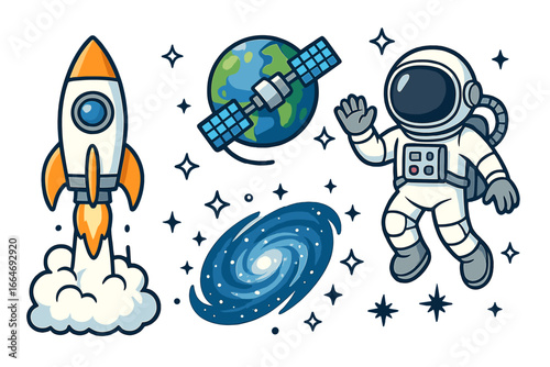 Space exploration cartoon vector set. Astronaut, rocket launch, satellite over planet Earth, galaxy, stars. Cute cosmic collection for kids. Universe adventure graphic elements.