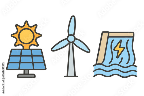 Renewable energy icon set with solar panel, wind turbine, and hydro power dam. Sustainable electricity generation symbols. Green alternative power sources vector illustration.