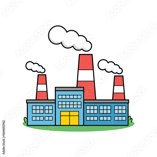 A graphic illustration of an industrial factory building symbolizing manufacturing, power generation, and environmental pollution.