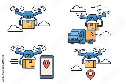 Drone delivery service icon set. Logistics and transportation technology. Autonomous quadcopter shipping a package. GPS tracking on phone. Future of e-commerce delivery.