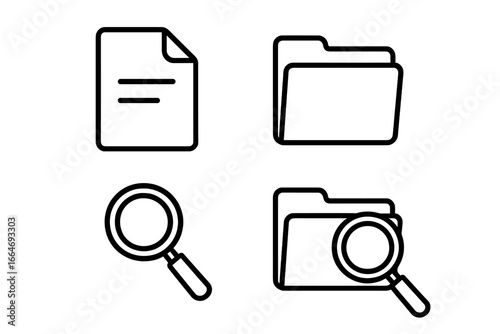 Search and file linear icon set, document and folder with magnifying glass, magnifier outline icons collection, vector cartoon illustration, office and organization tools design