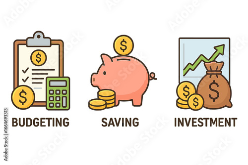 Financial management icon set. Concepts of budgeting, saving, and investment. Personal finance strategy for money growth. Economy, planning, and wealth accumulation vector icons.