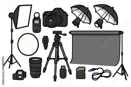 Photo studio equipment set. Vector cartoon collection of professional photographer tools. Camera, lens, tripod, softbox, flash, light meter, backdrop for photoshoot.