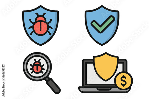 Security symbols highlighting bug detection and protection for software systems with focus on prevention, verification, safe computing, and financial security concepts in vector cartoon illustration