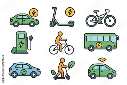 Electric vehicle and sustainable transport icon set. Green energy, eco friendly mobility concepts. EV car, e-scooter, bicycle, bus and charging station vector icons.