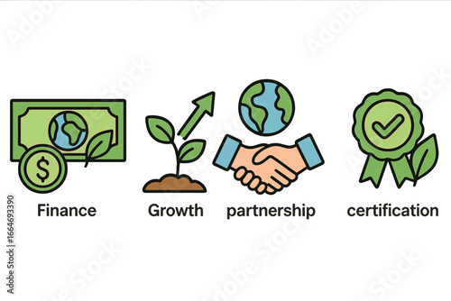 Sustainable business practices icon set. Green finance, eco growth, global partnership, and ESG certification. Vector icons for corporate social responsibility concepts.