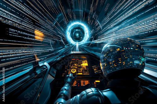 Astronaut pilots futuristic spaceship through data stream toward luminous portal, exploring new frontiers of technology and space travel with dynamic energy