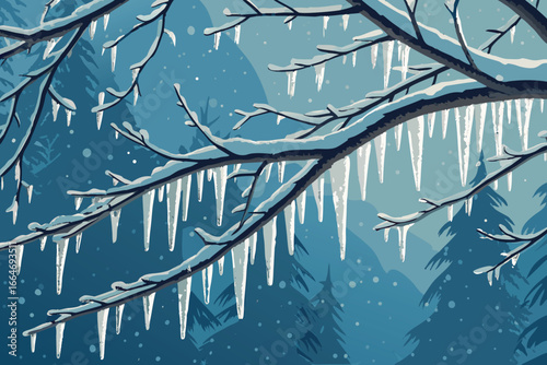 Close-up of frozen tree branches adorned with icicles.