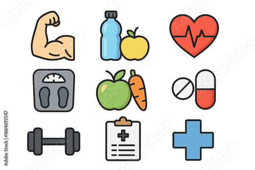 Health and wellness icon set. Vector concepts for physical fitness, nutrition, medical care. Healthy lifestyle, diet, exercise, gym, cardiology, supplements and healthcare.