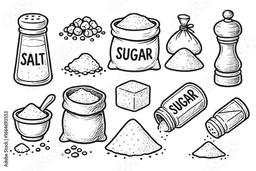Hand drawn salt and sugar collection. Spice and seasoning set sketch. Vector doodle illustration of kitchen ingredients like shaker, pepper mill, bag, cube and pile.
