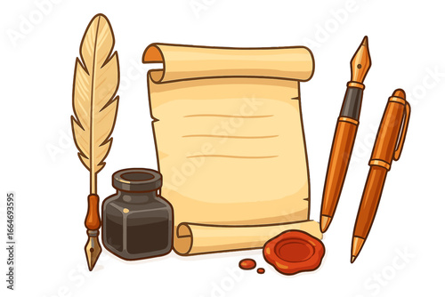Vintage writing set with quill, parchment scroll, inkwell, and wax seal alongside modern pens. Old and new writer tools. History of communication. Vector cartoon illustration.
