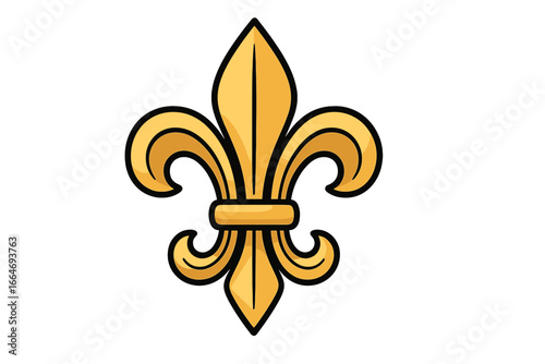 Golden fleur de lis vector icon. Ornate heraldic lily symbol of France and monarchy. Historical floral emblem for Louisiana, Quebec, and scouting. Elegant antique design element.