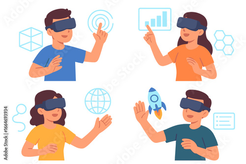 Set of characters in VR headsets exploring augmented reality. People interacting with metaverse interface. Virtual world simulation with holographic icons. Future technology vector.