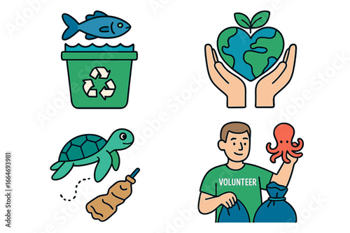 Marine conservation icon set. Plastic pollution and volunteer cleanup. Earth day care symbol. Recycling bin for ocean life protection. Sustainability and ecology concept vector.