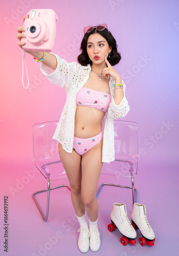 Y2K fashion concept with Asian girl in pink bikini taking a selfie with an instant camera.