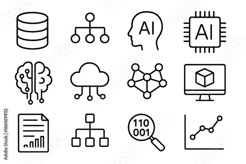 Technology AI line icon set with data, network, analysis, and artificial intelligence concepts, linear collection of vector cartoon illustrations with transparent background, ordered set 2