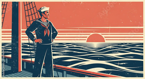 Vintage stylized illustration of a sailor gazing towards the horizon at sunrise evokes a sense of nostalgia and maritime adventure enhanced by its graphic design