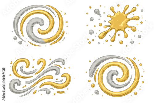 A set of gold and silver metallic paint swirls and splatters. Abstract liquid splash, drop, and flow elements. Vector illustration for luxury elegant design. Shiny texture pattern.