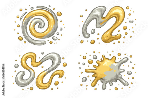 Gold and silver metallic paint swirls, splashes, and abstract liquid shapes. Vector set of shiny golden and chrome drops, drips, and splatters for luxury design element.
