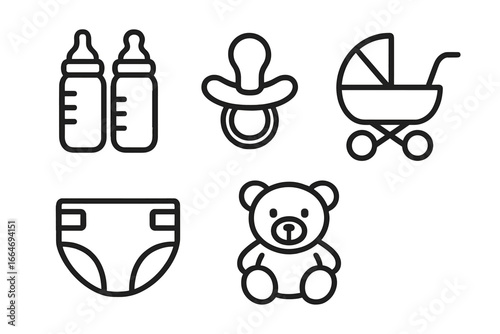 Baby line icons set. Newborn essentials, items for toddler and infant. Vector graphic collection of bottle, pacifier, stroller, diaper and teddy bear. Simple outline symbols.