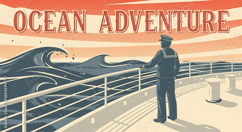 Vintage-style illustration of a sailor on a ship deck overlooking the ocean during sunset evoking a sense of adventure and classic maritime charm and the thrill of exploration