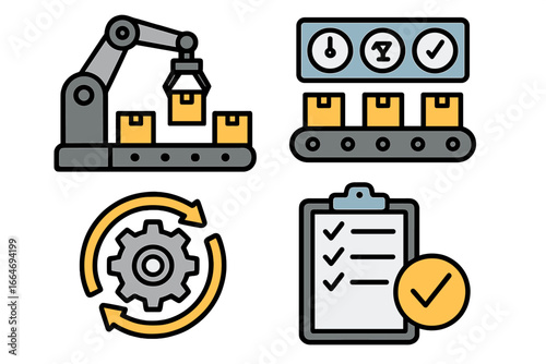 Manufacturing process icons. Production line automation with robotic arm. Conveyor belt, quality assurance, control, inspection checklist. Workflow optimization efficiency.