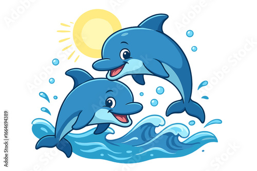 Two cute cartoon dolphins jumping playfully in the ocean waves under the bright sun. Vector illustration of happy marine animal characters. Cheerful summer wildlife mascot.