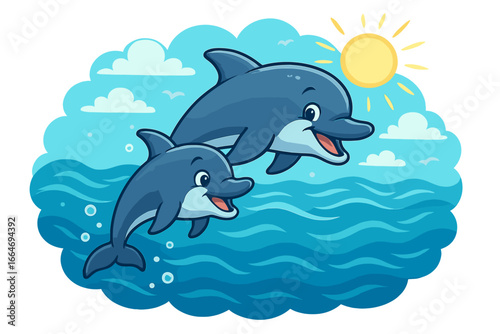 Two playful cartoon dolphins jumping in the ocean. Happy mother and baby dolphin characters swimming together in the sea under the sun. Cute vector summer marine wildlife.
