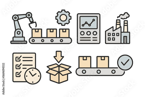 Manufacturing icons set. Production process, factory automation, and quality control. Conveyor belt, robotic arm, packaging, and logistics. Workflow efficiency vector icons.