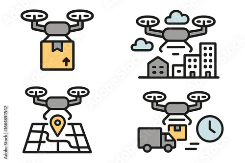 Drone delivery vector icon set. Autonomous quadcopter for future logistics and transportation. Urban express shipping, last mile delivery, GPS navigation, air mobility concept.