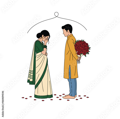 romantic South Asian Couple with Man Surprising Woman with Roses