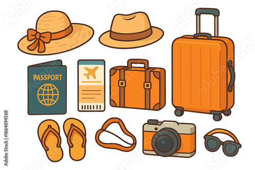 Travel essentials and accessories for a summer getaway including hats, luggage, passport, tickets, camera, sunglasses, and flip flops. Vector cartoon illustration on transparent background