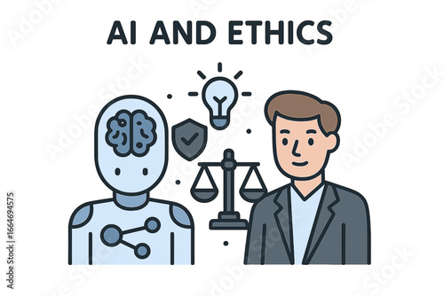 AI and ethics concept with robot and human. Artificial intelligence, law, and responsibility. Technology regulation, justice scales, and moral challenges. Digital safety idea.