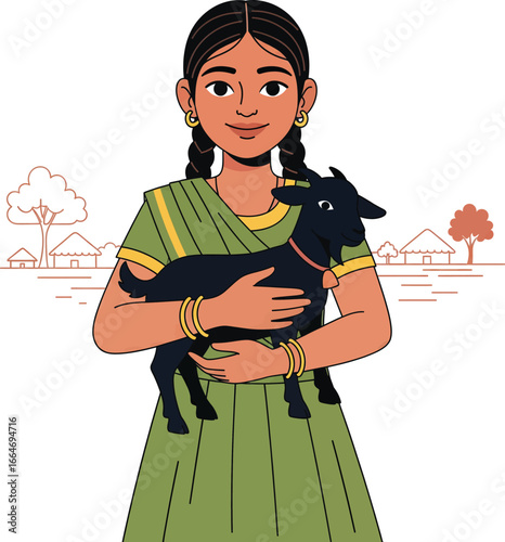 Indian Village Girl Holding a Baby Goat, Rural Life Vector Illustration